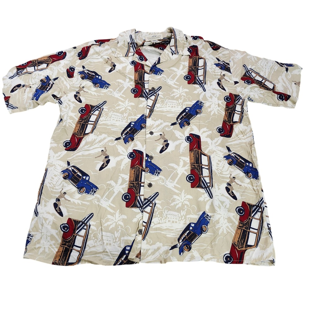 VTG Natural Issue Shirt Mens Large Beige Woody Car Surfer Rayon Button-Down EUC